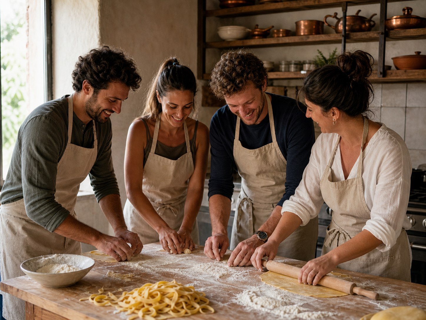 Travellers learning to make fresh pasta in an Italian cooking workshop